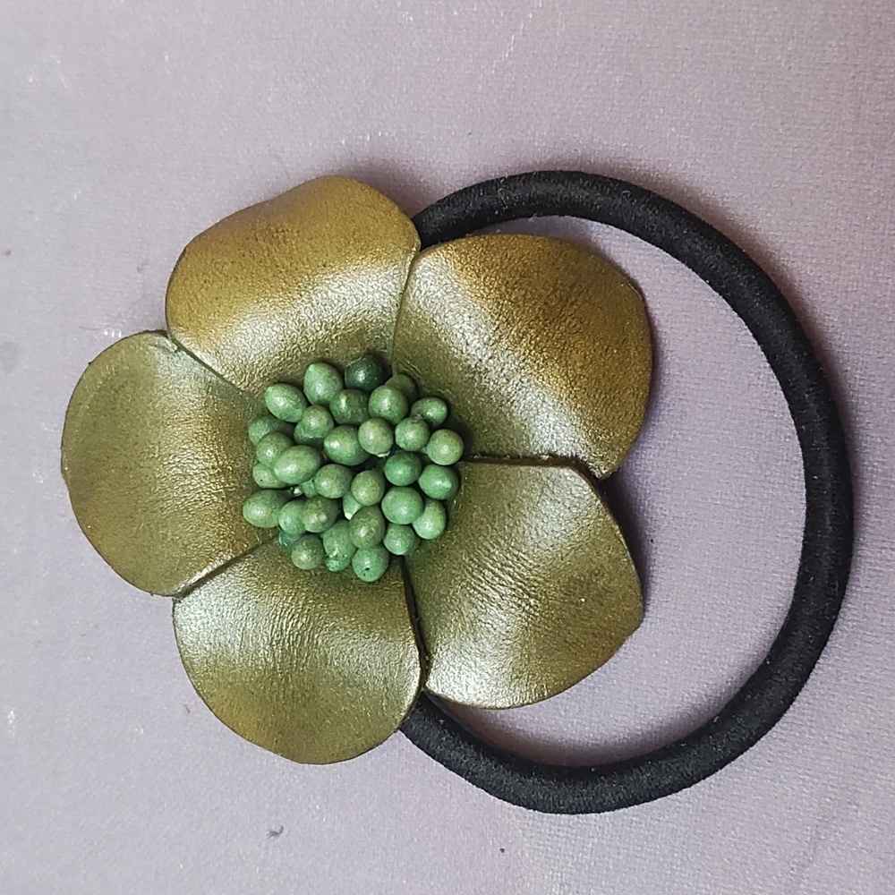 Green leather handmade flower pony tail holder